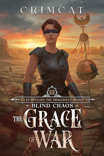 Blind Chaos 3: The Grace of War Blind Chaos 3: The Grace of War's cover with typesetting. The art is by Nozomi Matsuoka and depicts Ranthia, with a serious expression on her face, standing on a battlefield. Her armor is badly damaged and patchwork, suggesting hard days.