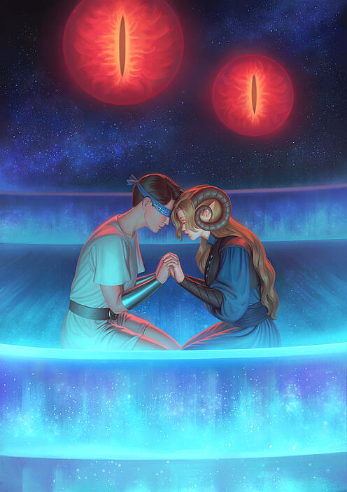 Blind Chaos 4: War & Worship's cover with typesetting. The art is by Nozomi Matsuoka and depicts Ranthia and Avyna. They're kneeling, face-to-face, aboard what appears to be a vessel painted out of starlight, high in the sky.