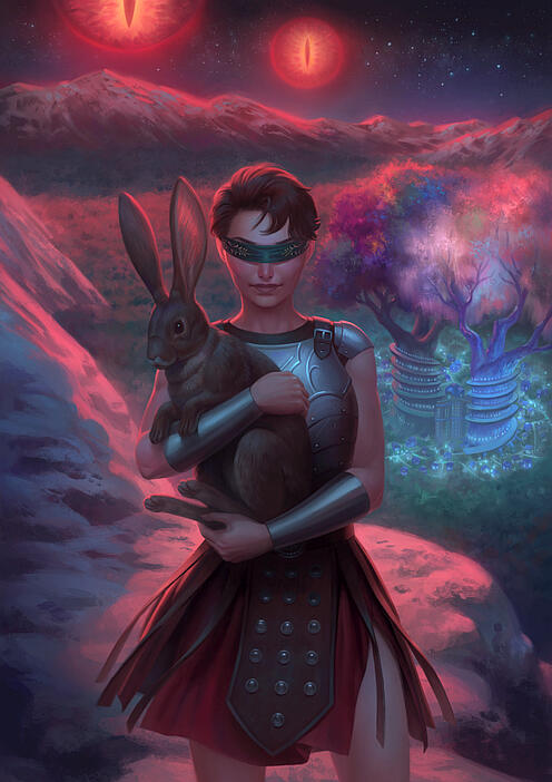 Blind Chaos 5: Bestial Arts's cover with typesetting. The art is by Nozomi Matsuoka and depicts Ranthia, holding a rather large bunny. They are up on a snow-covered mountain, overlooking a magical city surrounded by a forest.