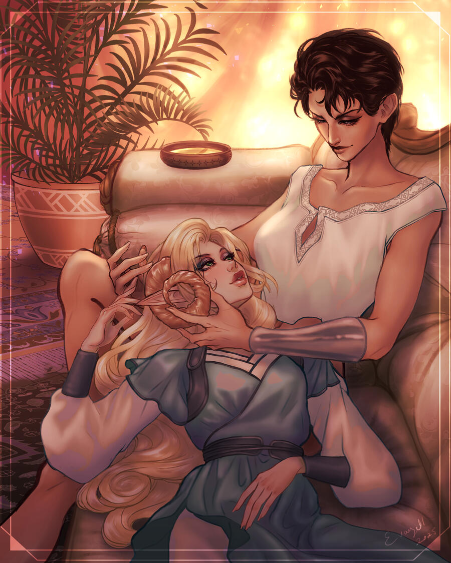 A digital painting by Evanyell of Ranthia and Avyna (a scene from Blind Chaos, book 4). A quiet, intimate moment while Ranthia carefully 'massages' Avyna's horns with oil, while they get lost in one another.
