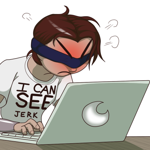 A cute digital drawing by Pennytail of Ranthia, visibly angry, typing on a computer. She's wearing a blindfold and a t-shirt that reads "I CAN SEE JERK"